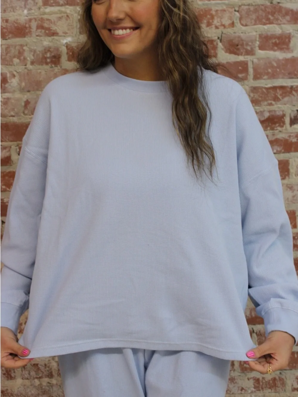 Lulu Mac Light Blue Waffle Knit Long Sleeve Shirt